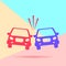 flat lay  concept of car crash icon with shadow on pastel colored blue and pink background