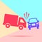 flat lay concept of truck and car crash icon with shadow on pastel colored blue and pink background