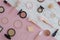 Flat lay Cosmetics for makeup, eye shadow, brush, highlighter, concealer, makeup, lipstick, mascara, blush marble and