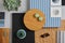 Flat lay of creative architect moodboard composition with samples of wood, textile, paint, lamella panels and tiles. Natural.