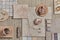 Flat lay of creative design of beige architect moodboard composition with samples of building, neutral textile and natural.