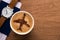 flat lay with cup of coffee with plane sign passport ticket and male watch on wooden surface