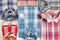 Flat lay different checkered shirts witn accesories. Casual man clothing set