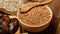 Flat Lay of different kinds of organic bread isolated on wooden table.