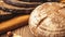 Flat Lay of different kinds of organic bread isolated on wooden table