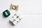 Flat lay fidget Cube stress reliever, fingers toy on background