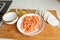 Flat lay food concept. Fresh Ingredients for cooking dumplings on cutting board. Top view.