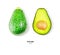 Flat lay, full bodied avocado effect and half cut, isolated on white background with clipping path.