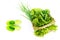 Flat lay green salad and cucumber in the basket and kids green shoe on white background