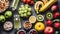 Flat Lay of health fruits and nuts on a black wooden table background