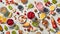 Flat Lay of health fruits and nuts on a white background