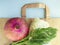 Flat lay, Healthy fruits and vegetables for proper nutrition on top of a paper bag, the concept of abandoning plastic bags and