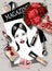 Flat lay illustration with bouquet of roses, sketch of girl, lipstick, brush, mascara, perfume, magazine. Vector.