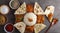 Flat lay image of a platter of traditional Indian food .