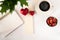 flat lay image of workplace Strawberry Heart Coffee schedule top view