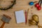 Flat lay of Latin percussion on wood desk