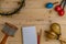 Flat lay of Latin percussion on wood desk