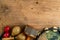 Flat lay of Latin percussion on wood desk