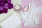 Flat lay, magazines, social networks. top view of feminine white lace. beauty concept. women`s fashion accessories,silk,  perfume