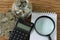 Flat lay of magnifying glass on white note book paper and calculator with stack of coins on wood table as financial saving or tax