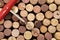 Flat lay of many wine corks and corkscew, wine treat and drink mock up