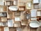 Flat lay of Marie Kondo`s storage boxes, containers and baskets with different sizes and shapes