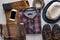 Flat lay of men`s casual fashion set with leather accessories o