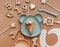 Flat lay minimal Baby birthday concept. Top view composition with newborn