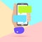 flat lay modern minimal hand holding mobile phone with chat message notifications with shadow on pastel colored blue and pink