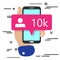 flat lay modern minimal hand holding mobile phone with new pink ten chiliad like followers social media icon  on white background