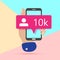 flat lay modern minimal hand holding mobile phone with new pink ten chiliad like followers social media iconon screen with shadow