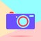 flat lay modern phone digital camera icon with shadow on pastel colored blue and pink background