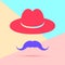 flat lay modern pink hat with mustache icon with shadow on pastel colored blue and pink background