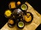 Flat lay modern stylised mid autumn festival food on black background.