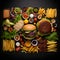 Flat lay a mouthwatering burger with perfectly melted cheese. Ai Generated.NO.08