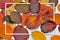 Flat lay with multicolored autumn leaves and white rectangular frame
