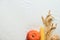 Flat lay with natural harvest Autumn decorations, pumpkin, corn cob and wheat ears on white linen textile