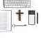 Flat lay: notebook, Bible, wooden cross, keyboard, silver key and pink, purple, violette, red Gerbera flower with petals
