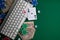 Flat lay .online poker gambling . poker cards.Green Table Top Copyspace