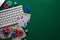 Flat lay .online poker gambling . poker cards.Green Table Top Copyspace