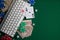 Flat lay .online poker gambling . poker cards.Green Table Top Copyspace