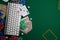 Flat lay .online poker gambling . poker cards.Green Table Top Copyspace