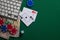 Flat lay .online poker gambling . poker cards.Green Table Top Copyspace