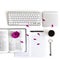 Flat lay: open notebook, keyboard, coffee, black pen and pink, purple, violette, red Gerbera flower with petals