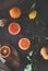 Flat-lay of orange juice in glasses and fresh fruits