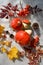 Flat lay photo. Fall pumpkin harvest on hand made rice paper