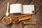 Flat lay on rustic background with Anise Star, brown sugar wooden spoon and blank notepad. Baking background.