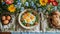 Flat lay with a rustic Easter breakfast setting with fried eggs on a green salad, homemade bread and colorful flowers