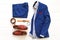 Flat lay set of classic mens clothes such as blue suit, brown sh