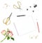 Flat lay sketchbook watercolor brush office tools rose flowers